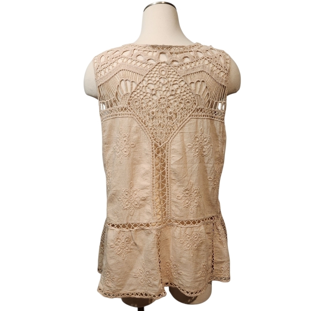 DEMOCRACY CROCHETED EMBROIDERED SLEEVELESS IVORY ROMANTIC TOP SZ S - Picture 2 of 12